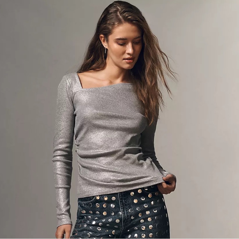 Anthropologie Draped Asymmetric Long Sleeve Top - Silver - Sz Small - Nwt